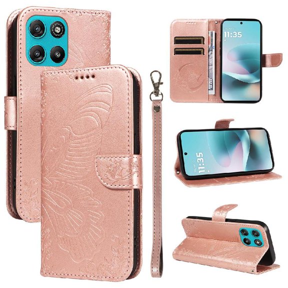 Wallet Case for Motorola MOTO G57 Power 5G Embossed Butterfly with Strap & Stand Pink