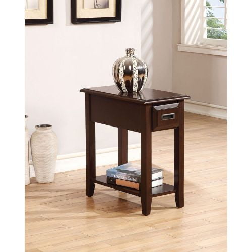 Side Table In Dark Cherry, With Smooth Table Top, Storage Drawers