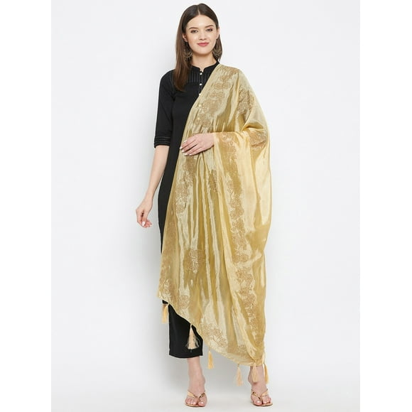 Woman's Indian Ethnic Chunni, Silk Blend Floral Golden Dupatta, Stole, Scarf Shawl Wrap