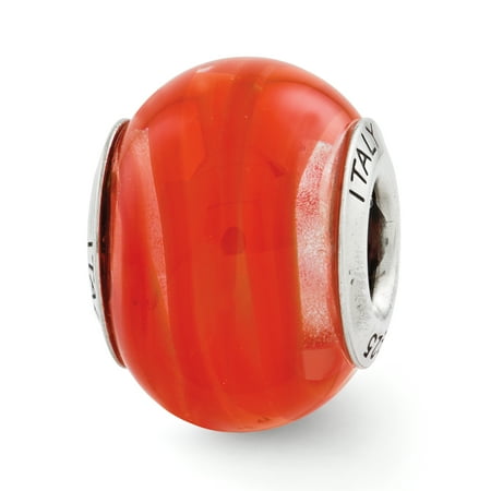 Italian Murano Glass Flower - Sterling Silver Reflections Orange/Red Italian Murano Glass Bead