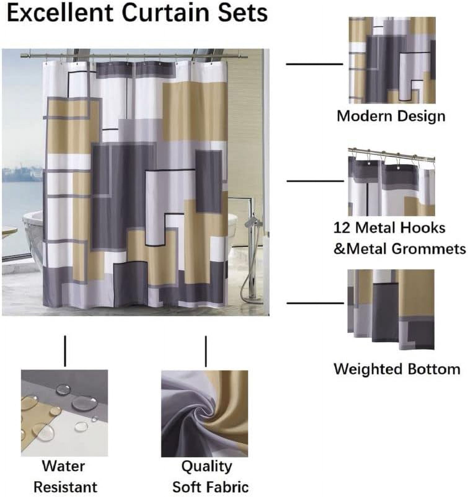 YOSTV Gold Black Modern Geometric Shower Curtain, Gold Black White Waterproof Shower Curtain Set for Bathroom Restroom with 12 Metal Hooks, 72 x 72 inch
