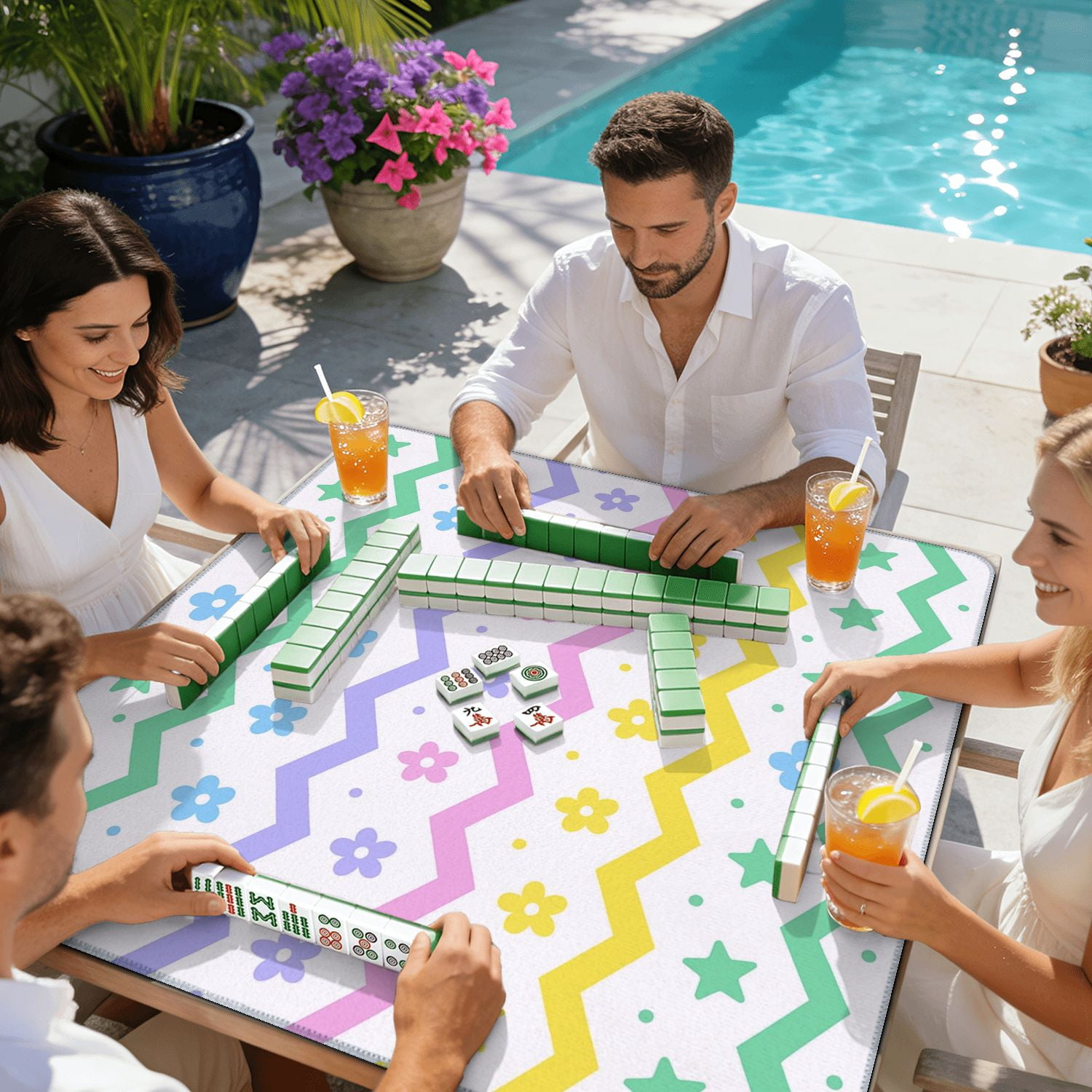 Mahjong Mat 31.5" x 31.5" Pastel Zigzag Stars Flowers Soft Colors Non-Slip Noise Reduction American Mahjong Tiles Table Cover for Dominoes Poker Card Board Games Gift