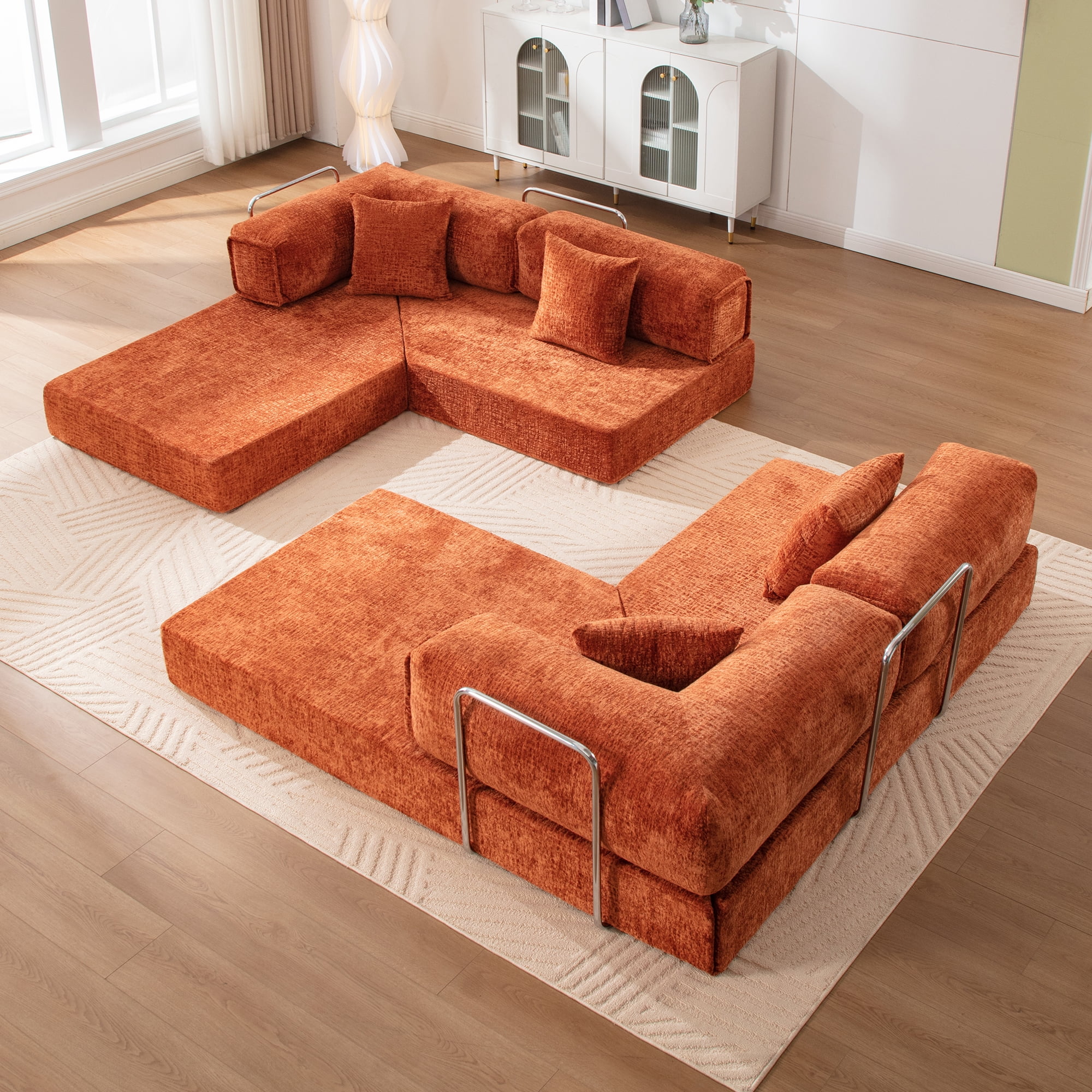 COOLHUT 106.3" W Combination Floor Sofa, High Density Sponge Sofa Couch, Modular Sectional Sofa L-Shape Cheillen Couch with Chaise, Big Comfy Sleeper Floor Sofa for Living Room, Reddish Brown