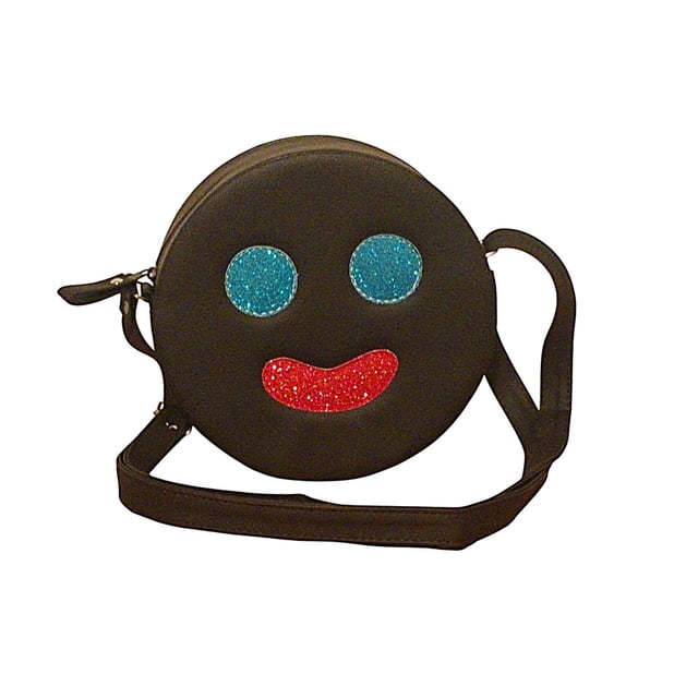 Bolsa en forma de Paleta Payaso, Diseño del Dulce Típico Mexicano, Bandolera para Mujer Redonda Color Negra, Detalles Brillantes en Turquesa y Rojo. Moda Kawaii, Novedoso y Encantador.