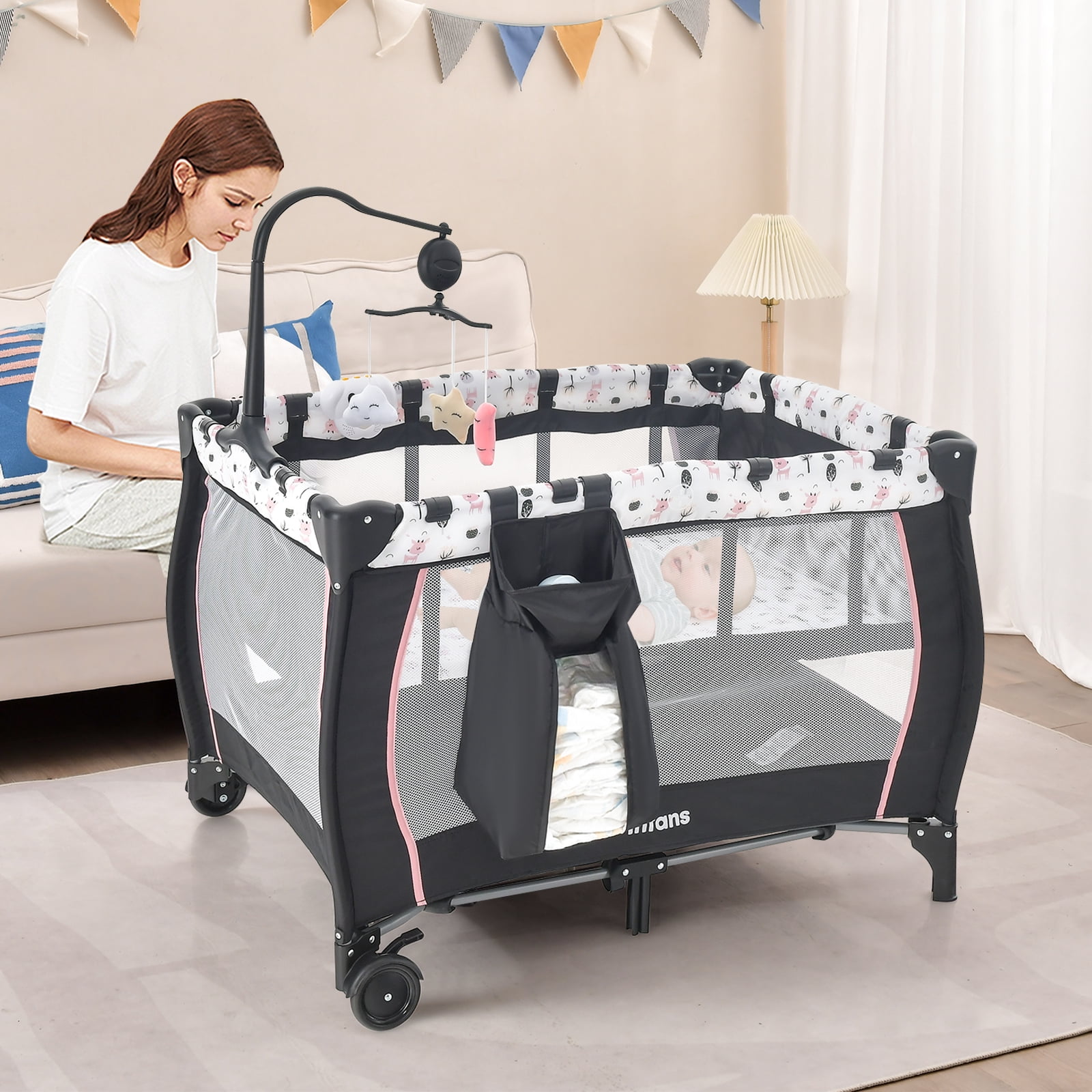 INFANS 3 in 1 Pack and Play, Portable Travel Baby Crib Bassinet with Detachable Mattress, Newborn Changing Table, Foldable Playpen with Carry Bag and 2 Wheels