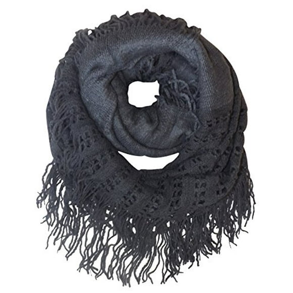 Peach Couture Warm Bohemian Crochet Hand Knitted Fringe Infinity Loop Scarf Wrap (Charcoal Square)