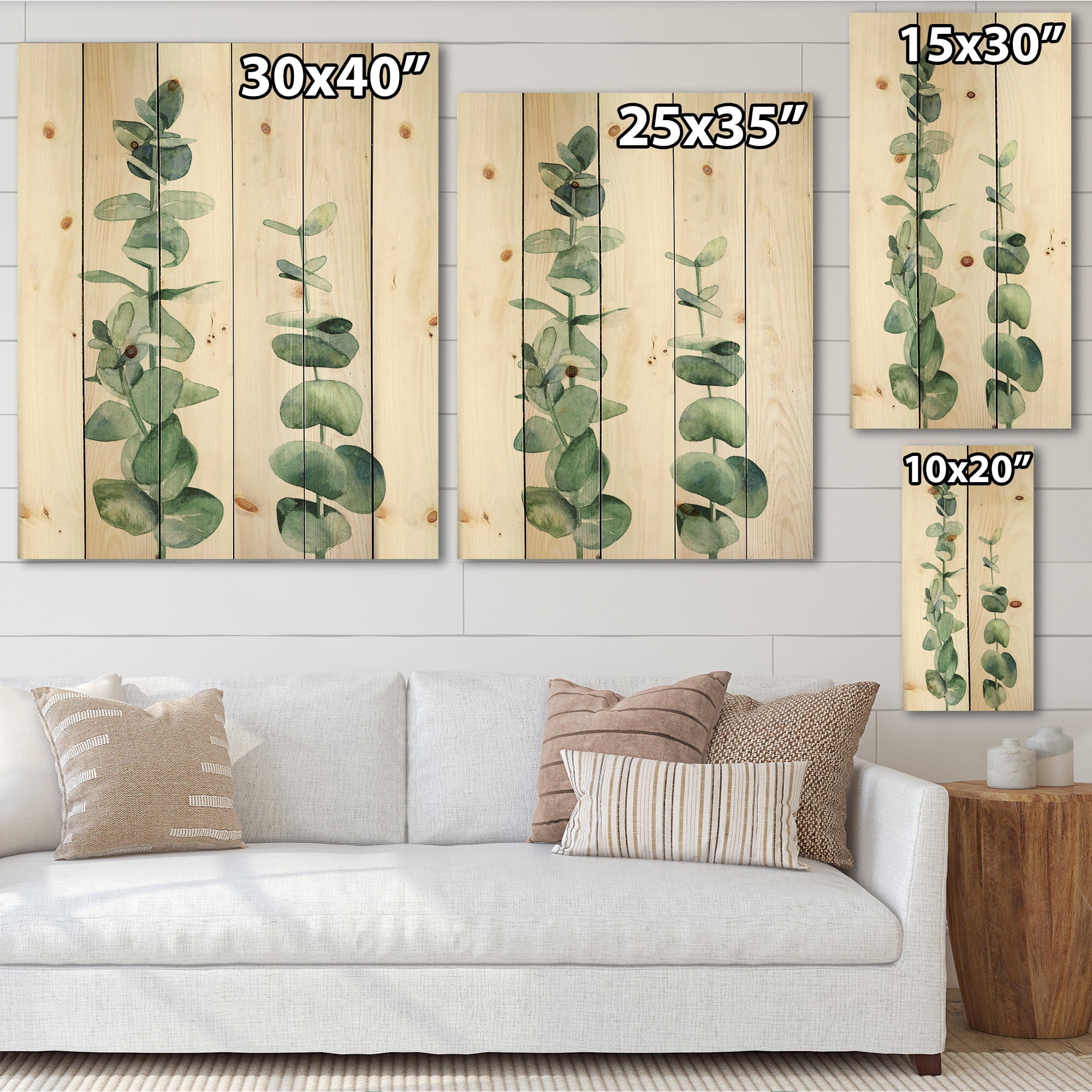 Designart 'Green Eucalyptus Branch' Tropical Print on Natural Pine Wood