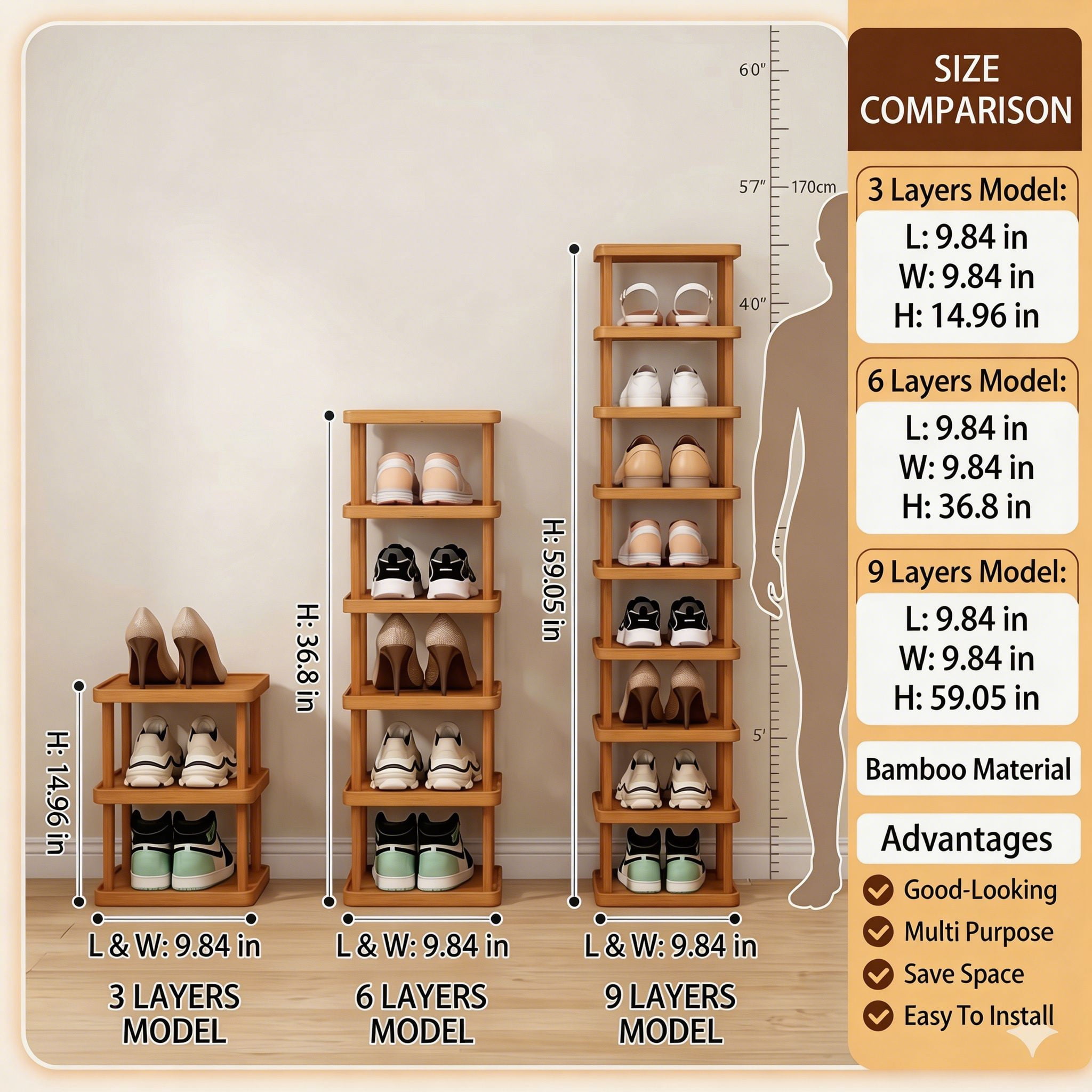 9 Tier Bamboo Shoe Rack, Tall Vertical Shoe Storage Organizer for Entryway, Closet and Apartment, Holds Up to 9 Pairs