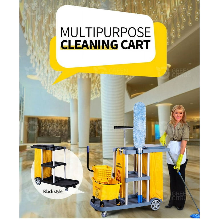 Commercial Traditional Cleaning Janitorial 3-Shelf Cart, 500 Lbs Capacity Housekeeping  Cart, 42.5 L x 18.7 W x 37.6 H, Wheeled with 22 Gallon Zippered Yellow  Vinyl Bag and Cover, Grey 