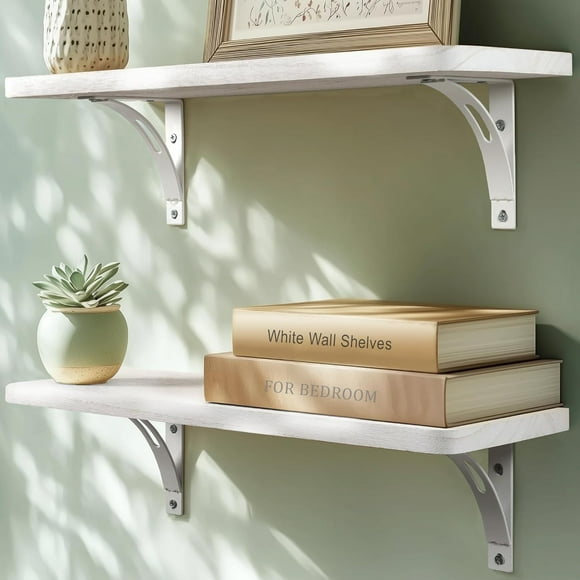 shiyou-Reinforced Steel Bracket White Shelves for Room - Easy to Install, Template and Video Included - White Wall Shelves for Bedroom, White Bookshelf, White Wall Book Shelves, Shelves for Wall in W