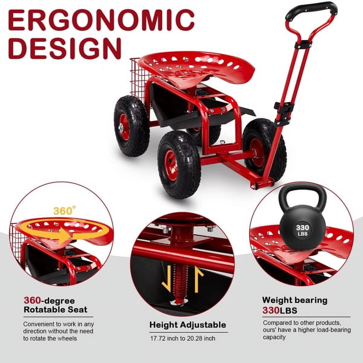 AsterOutdoor Rolling Garden Work Seat Iron, 35 x 17.7 x 22.4 in