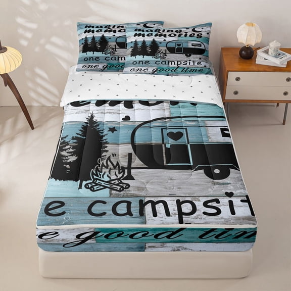 Homewish Rustic Cabin Camper Zipper Twin Comforter Sets with Fitted Sheet and 2 Pillowcases,Camping Adventure Theme Zipper Bedding Set For Kids Boys,Reversible,4-Piece