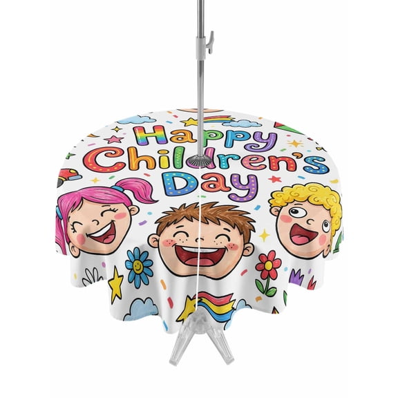 Outdoor Tablecloth with Umbrella Hole for Patio/Picnic/Party/Camping, Children's Day Waterproof Table Cloth Round Cover Washable, Cartoon Cute Watercolor Truck Flower (Dia 54")