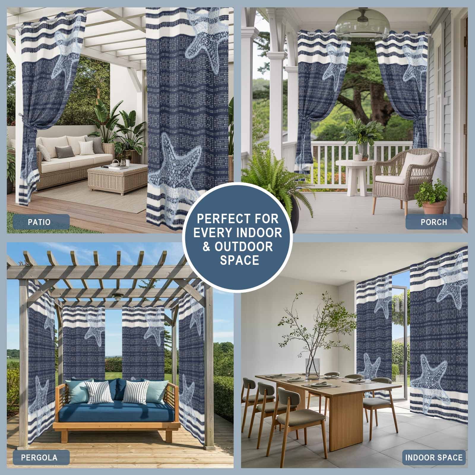 Pixel Navy Blue Star Outdoor Curtains for Patio, Modern Abstract Nautical Ocean Beach Starfish Stripe Sunshade Privacy Drapes Grommet Waterproof Outside Curtains for Porch Balcony 54"x108", 1 Panel