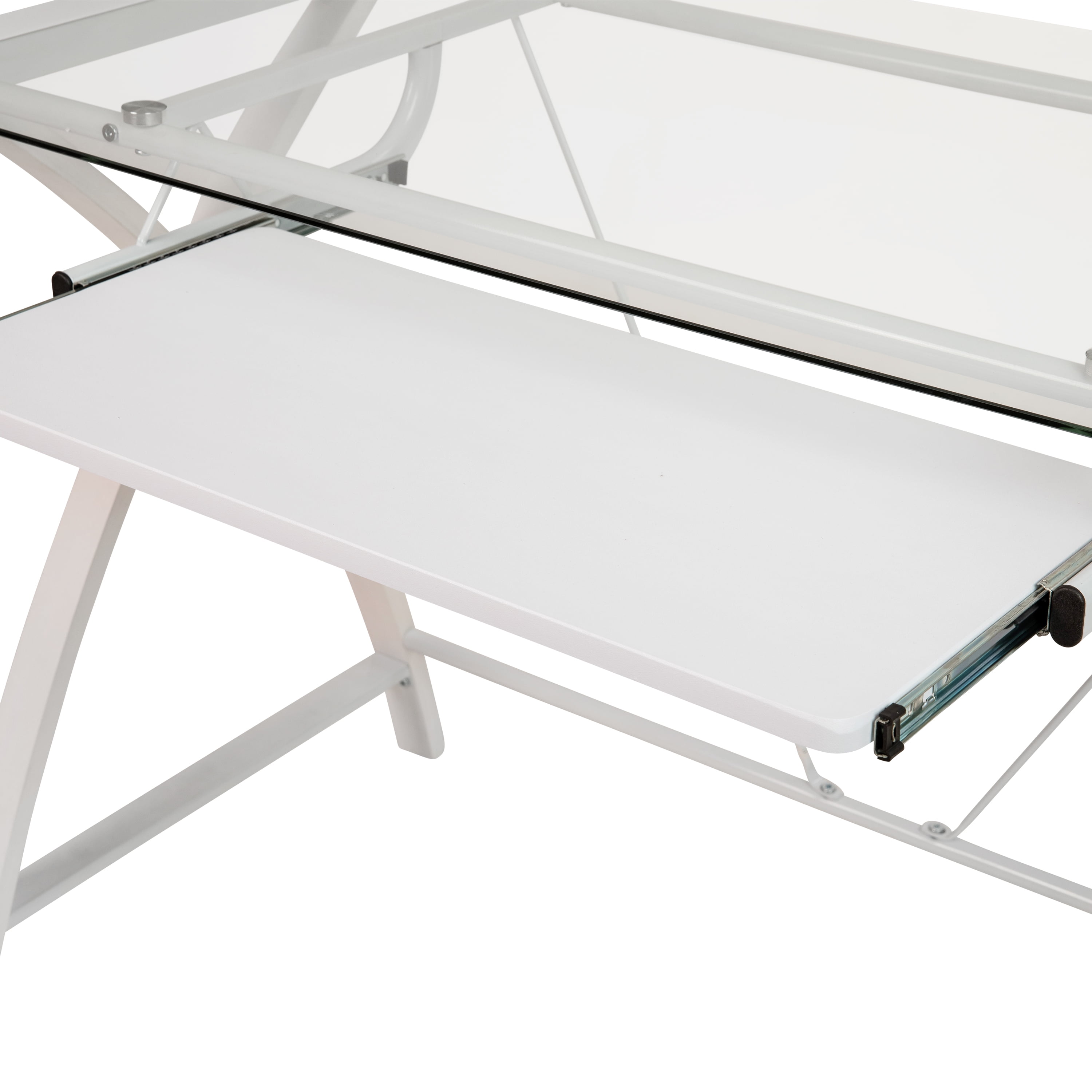 Emma + Oliver Clear Glass Computer Desk-White Pull-Out Keyboard Tray & White Crisscross Frame