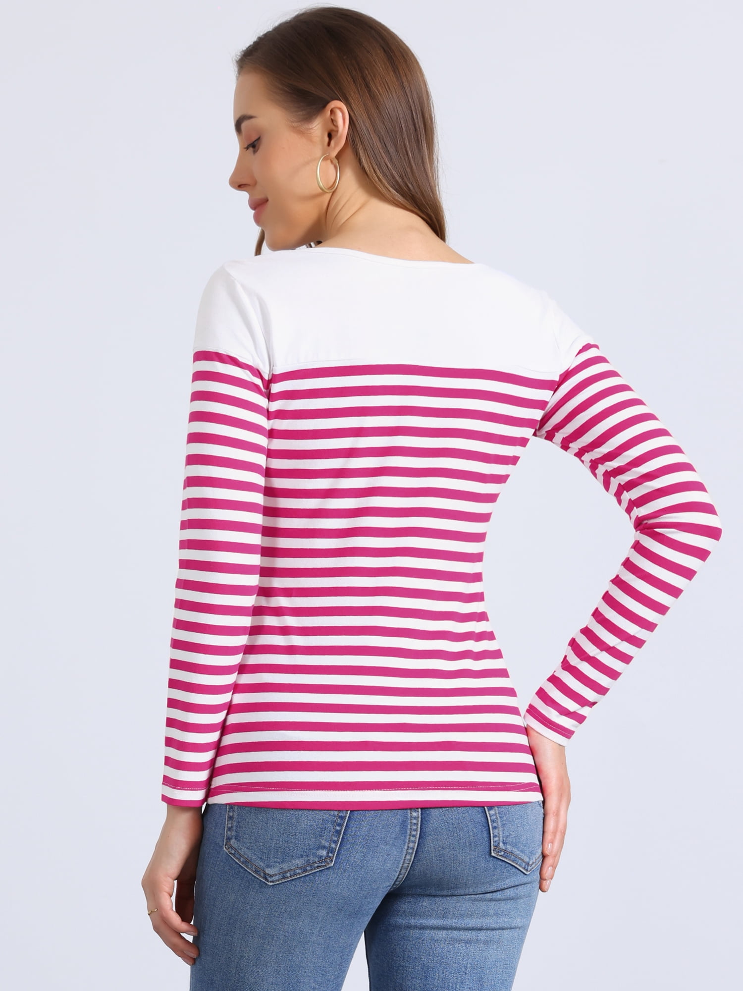 DARING DIVA Women's Color Block Striped Knit Top Long Sleeves T-Shirt M Red White