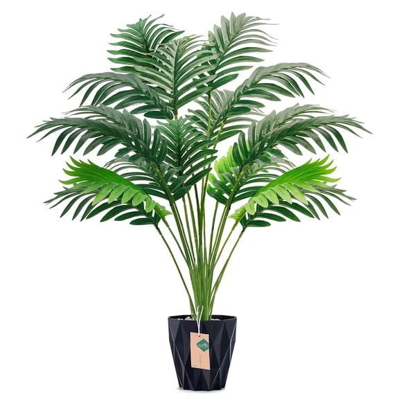 Miracliy 1‑Pack Artificial Areca Palm, Faux Palm Tree With Black Planter, White Pebbles and 2 Free Scent Pouch Gifts for Indoor Home Decoration