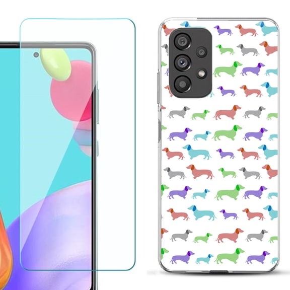 Slim-Fit Fashion Phone Case for Samsung Galaxy A53 5G, with Tempered Glass Screen Protector, by OneToughShield ® - Colorful Dachshund/Puppy