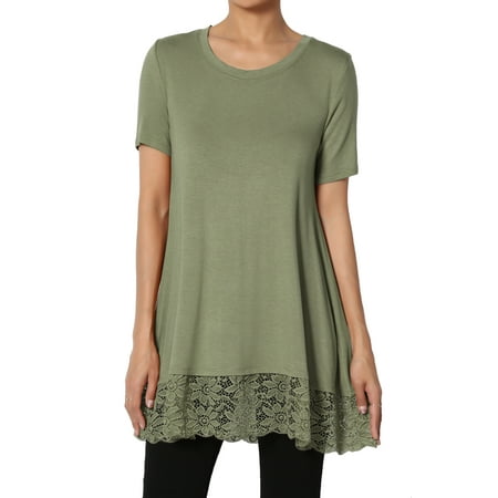 TheMogan Women's S~3X Short Sleeve Floral Lace Hem Relaxed Stretch Jersey Tunic Top