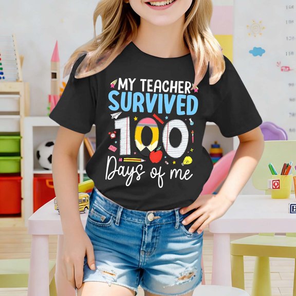 Letdown Funny School Kids T-Shirt: "My Teachers Survived 100 Days of Me" Letter Print Short Sleeve Tops for Toddler Boys Girls (Black,3-4 Years)