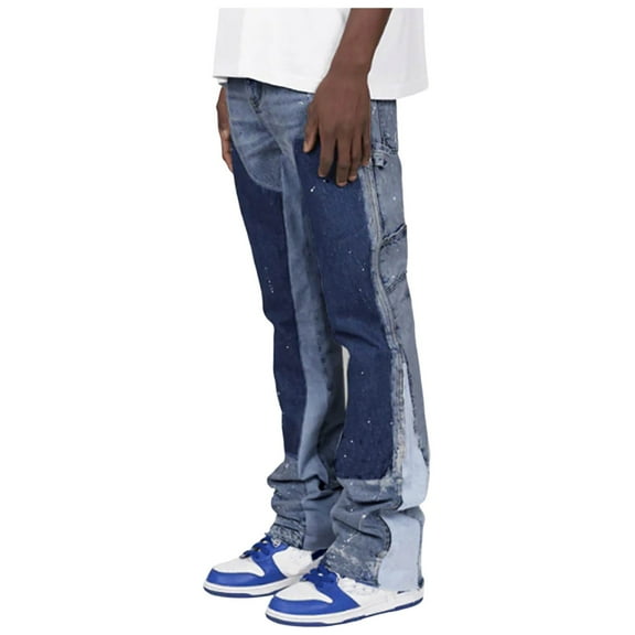 Mens Jeans Bootcut Blue Male Jeans Stretch Patch Color Block Print Denim Stacked Flared Pants Polyester,Cotton, S Jeans Relaxed Fit