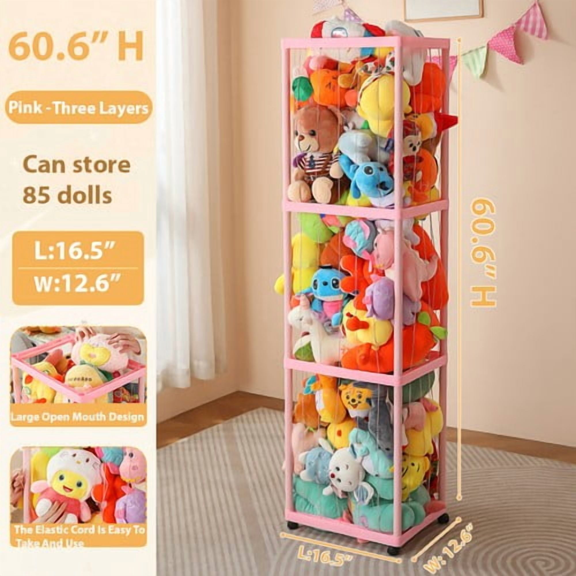 Colourtree Pink Hanging Stuffed Animal Storage Net, Zoo-Themed Toy Organizer Holder with Elastic Band, Saves Space in Playroom, Bedroom, Nursery (3 Tier)