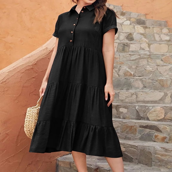 Yotami Cotton Linen Dresses for Women Summer Short Sleeve Loose Fit Solid Color Dress for Travel Button-Down Collar Long Dress Black L