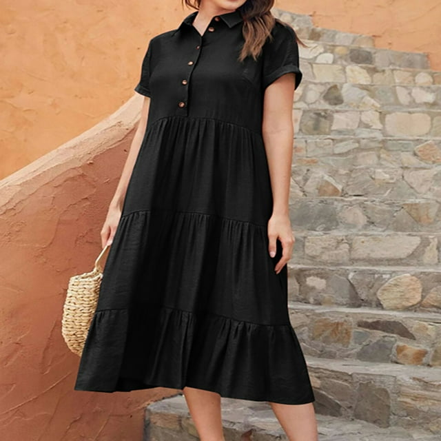 Meichang Robe Chemise en Coton et Lin pour Femmes Été Décontractée Manches Courtes Col Boutonné Robes à Volants Fluides Plage Midi