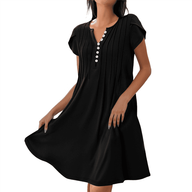 Vestido de Verano para Mujer, Corta, Cuello en V, Holgado, Informal, Plisado, Túnica Larga, para Playa, Color Negro, Talla XXL