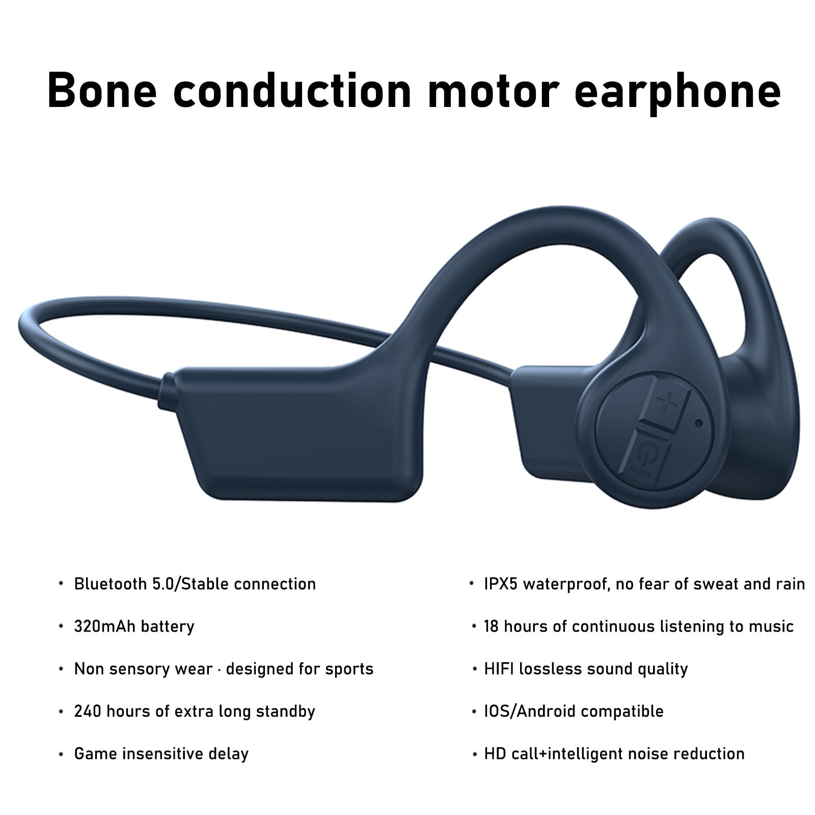 True Wireless Bone Conduction Earphones, OWS Open Ear Headphones with Earhooks, Bluetooth 5.3, Up to 60H Playtime with Case, IP68, AAC/SBC, for Cycling Yoga Workouts - Blue