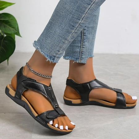 

VKEKIEO Round Toe Womens Sandals Flat Heel Thin Black