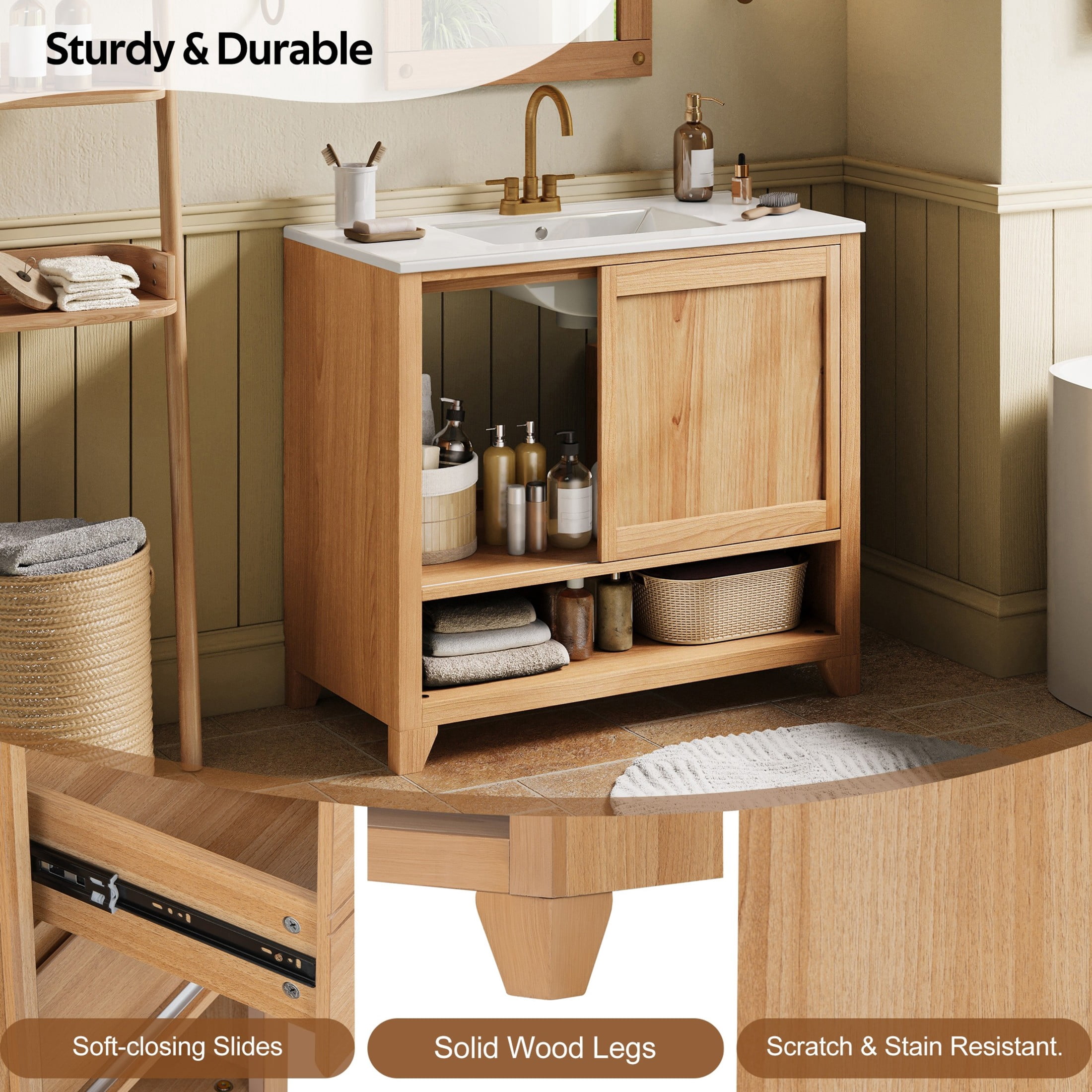 Christopher Knight Home 36" Bathroom Vanity with Ceramic Sink, 2 Drawers, Sliding Cabinet Door, Natural