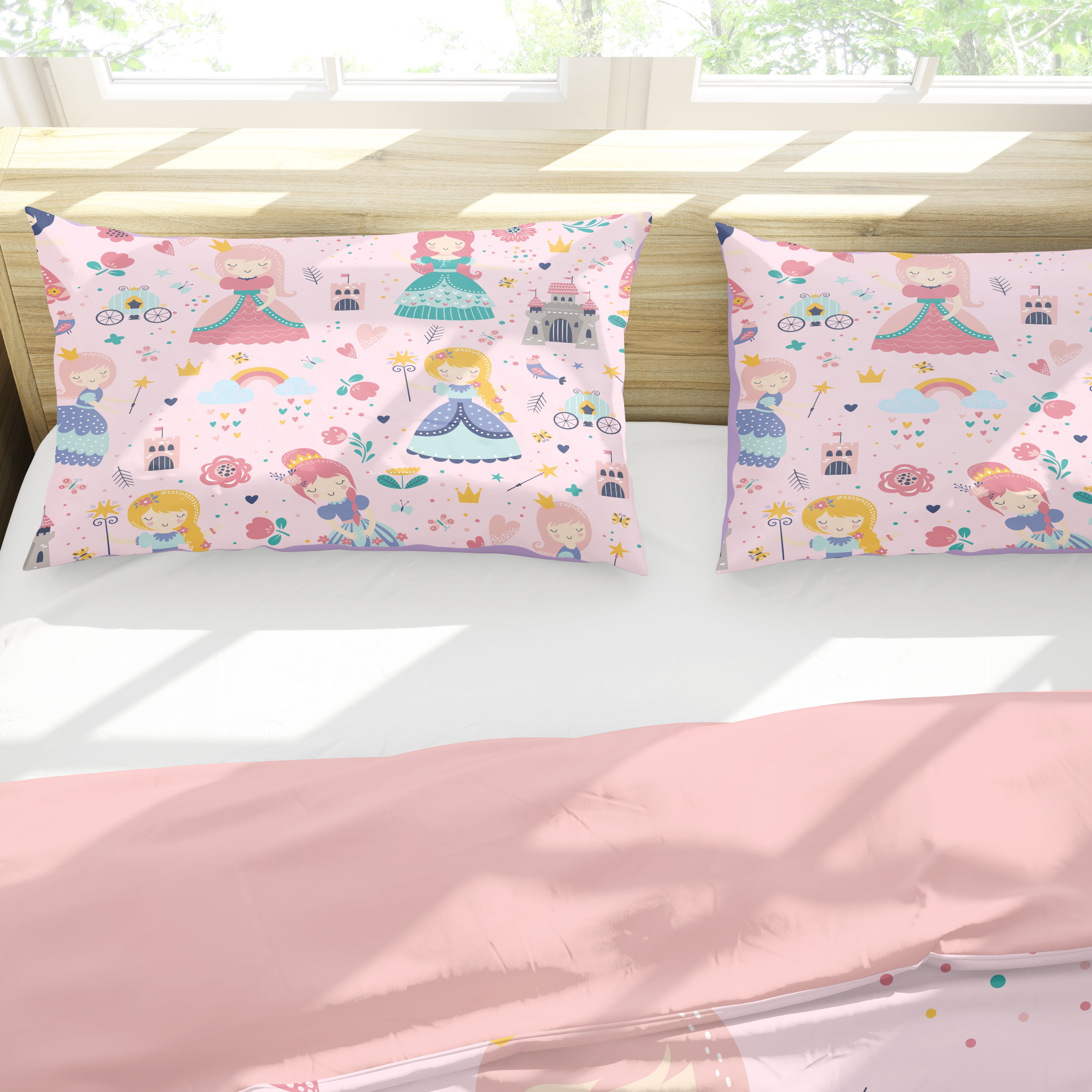 JJCOITR Pink Comforter Set Princess Fairy Castle Printed Pattern Quilt Bedding Set with 1 Comforter and 2 Pillowcases for Girls Kids Twin Size