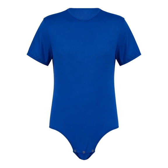 MSemis Men Round Neck Short Sleeves Bodysuit Sleepwear Nightwear Romper Pajamas Blue 3XL