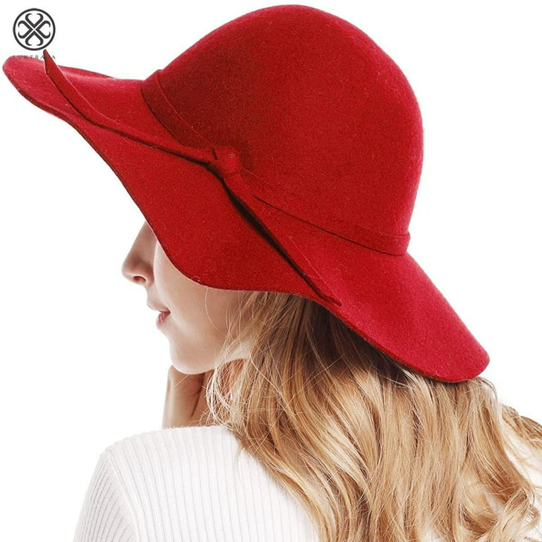 Luxtrada Women's Wide Brim Wool Ribbon Band Floppy Hat Vintage Wool Winter Hat Felt Fedora Floopy Beach Sun Cap Red, Size: One Size