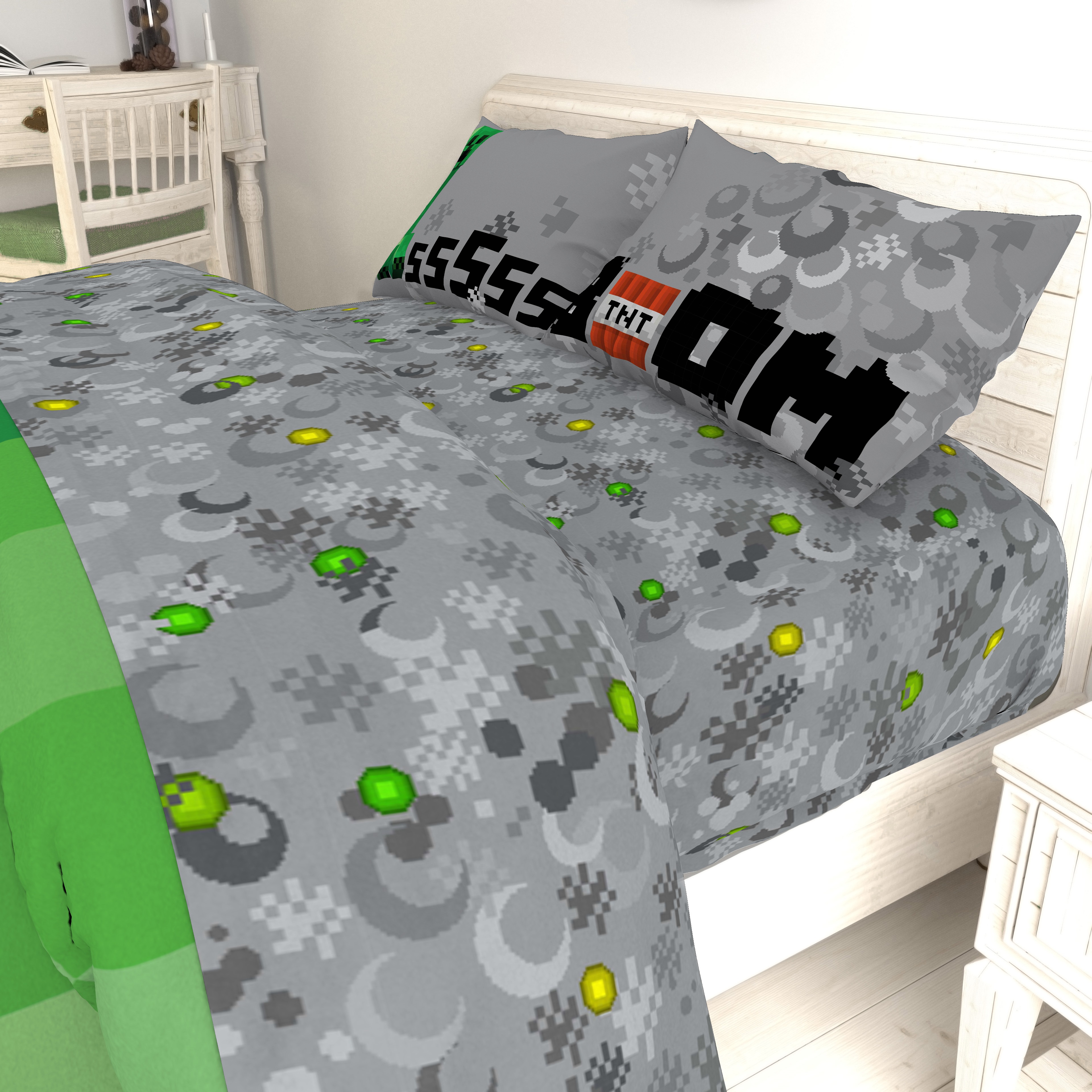 Minecraft Gray Blocks Kid's Bedding Sheet Set, Gaming Bedding