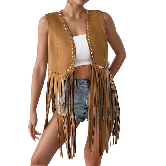 Daznico Women's Solid Fringed Hippie Vest Sleeveless Denim Western Velvet Fringed Jacket,Mardi Gras Clothing,XXL