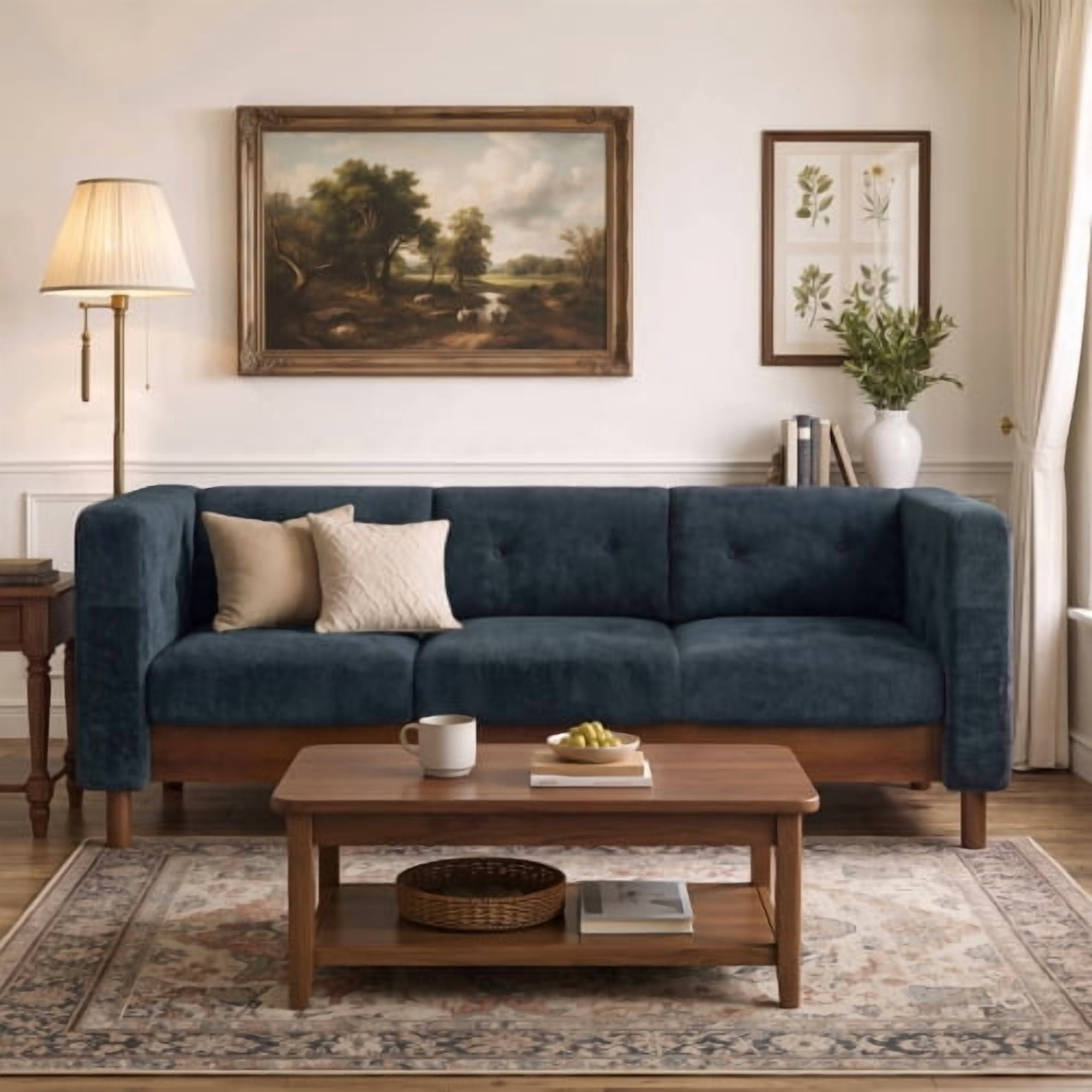 78" Modern 3-Seater Sofa, Chenille Upholstered Couch with Square Arms, Tufted Pillow Back & Walnut Rubber Wood Legs, Multi-Cushion Sofa for Living Room and Apartment, Blue