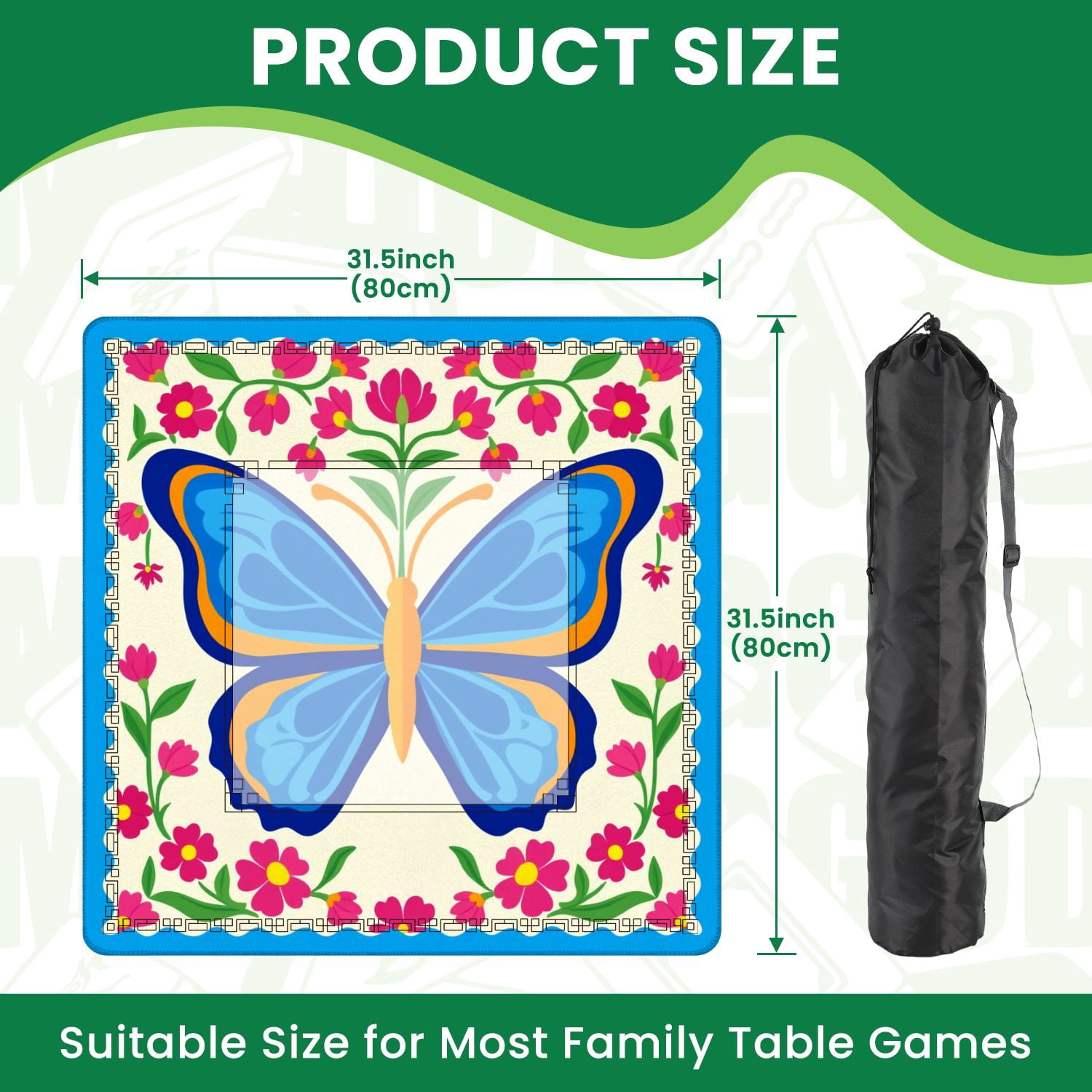 Mahjong Mat 31.5" x 31.5" Colorful Blue Orange Butterfly Pink Flowers Decorative Frame Non-Slip Noise Reduction American Mahjong Tiles Table Cover for Dominoes Poker Card Board Games Gift