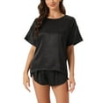 thumbnail image 1 of Conjunto de pijama de satén para mujer INSPIRE CHIC, camiseta de manga corta tipo pulóver con pantalones cortos, ropa de dormir XS negra, 1 of 6