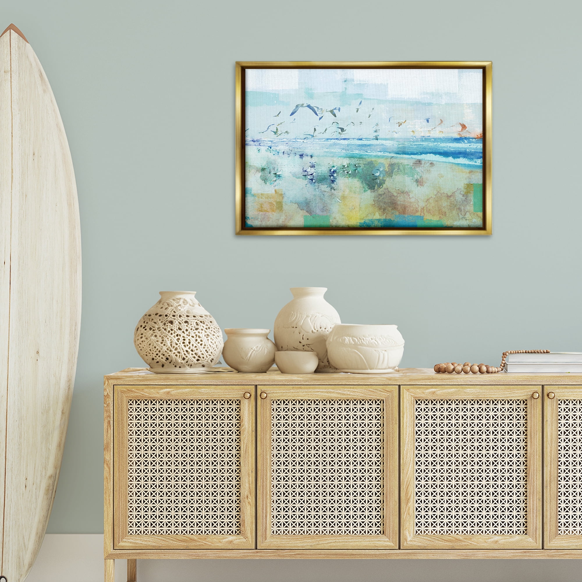 Stupell Industries Abstract Birds Over Beach Abstract Painting Gold Floater Framed Canvas Art Print Wall Art, 31 x 21