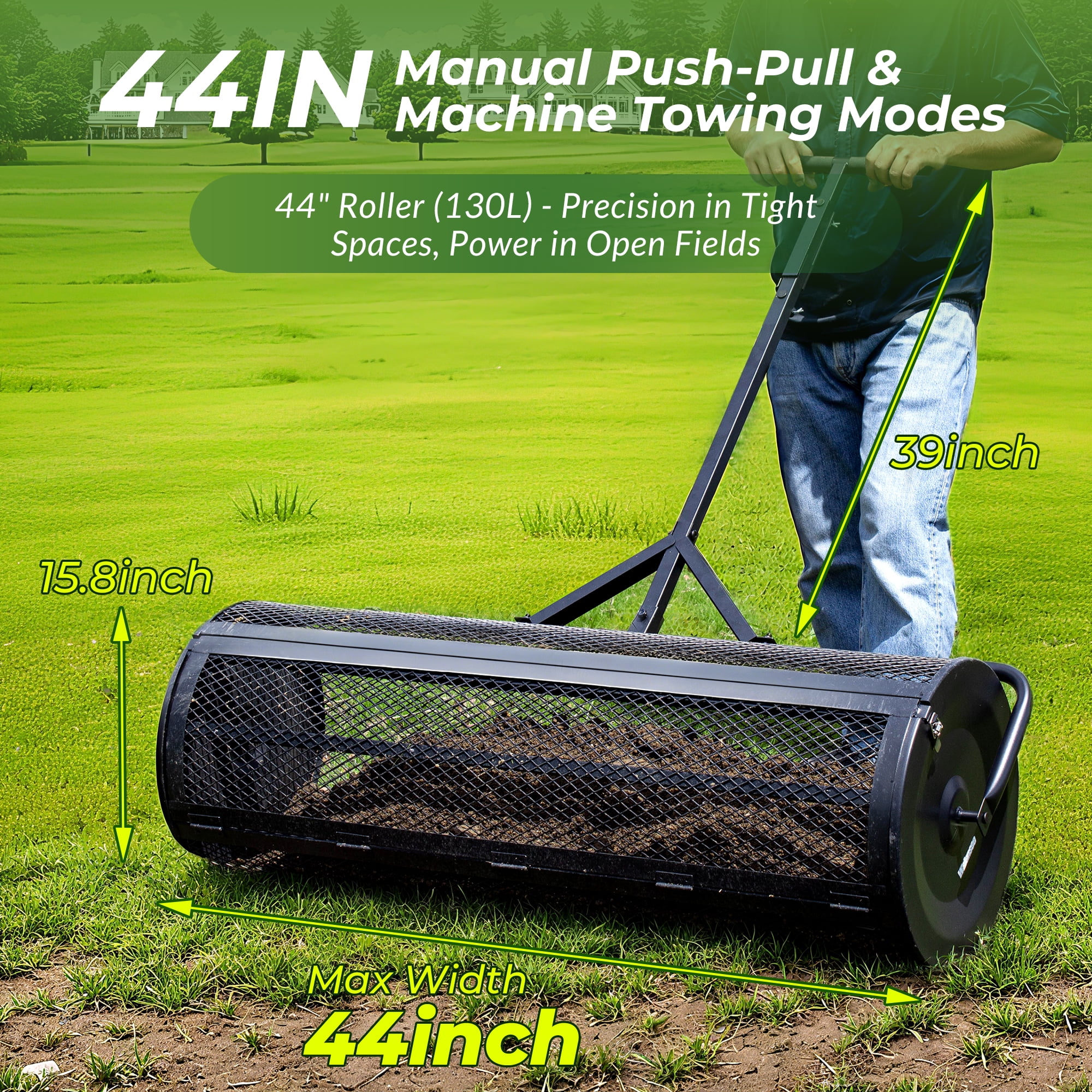 Walensee 44 Inch Compost Spreader Peat Moss Spreader with Side-Latch Design, Upgraded Large-Capacity Metal Mesh Roller for Lawn and Garden Care, Durable Manure Spreader for Seeding and Fertilizing