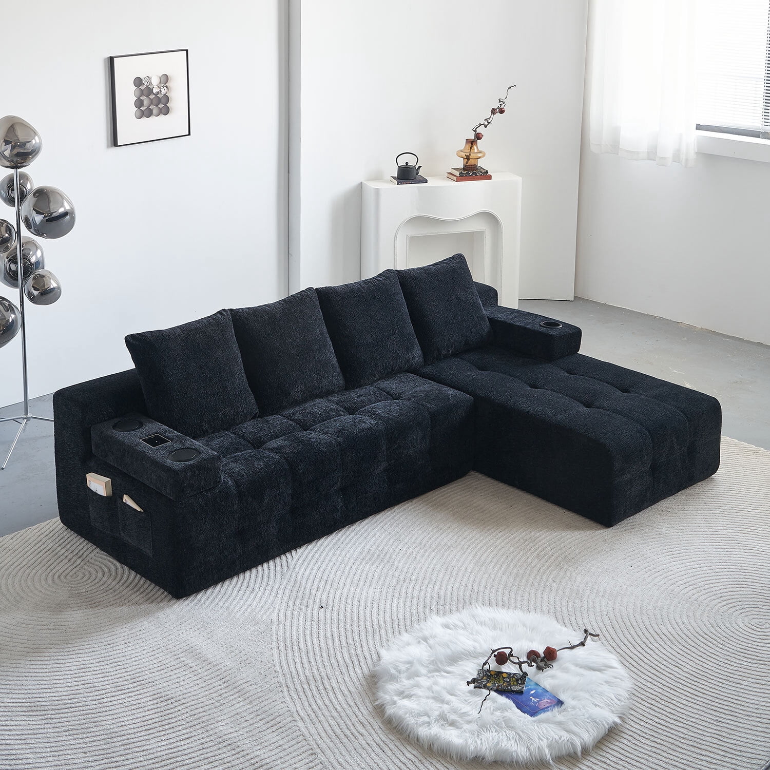 Modern L-shaped Tufted Sectional Sofa with Built-in Wireless Charging & Bluetooth Speaker,Reversible Chaise with Chenille Sofa Couch, USB Port, Cup Holders, Black,Perfect for Small Apartments