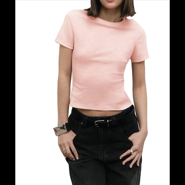 Camisetas de Algodón para Mujer, Cuello Redondo, Corta, Básicas, Informales, de Verano, Color Rojo Sandía, Talla M