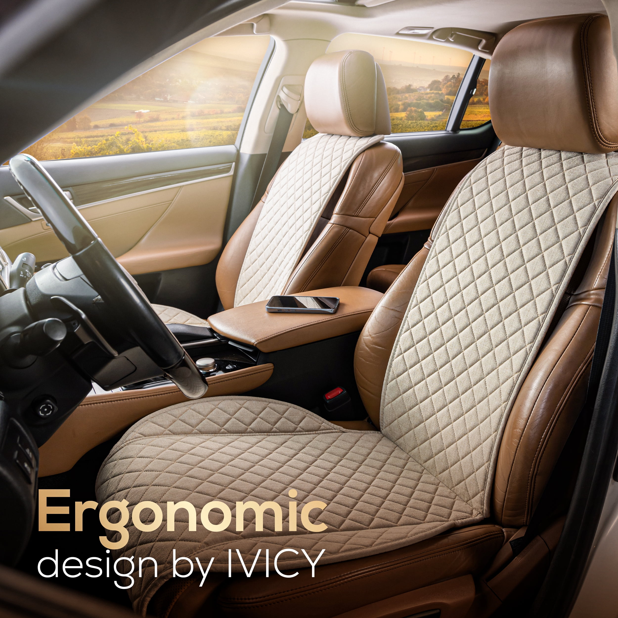 IVICY Faux Linen Front Car Seat Cover – Durable, Non-Slip Seat Protector for Cars – 1 Unit, Beige