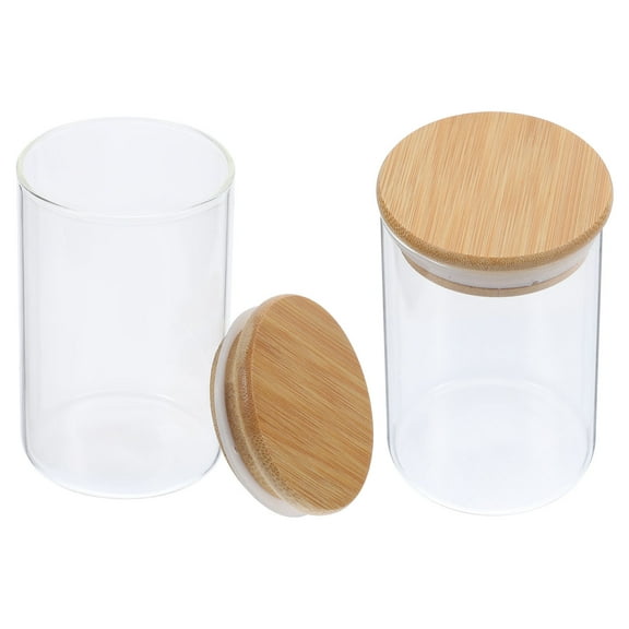 WRITWAA 2Pcs Clear Glass Storage Jars with Bamboo Lid Cotton Ball Dispenser for Bathroom Use