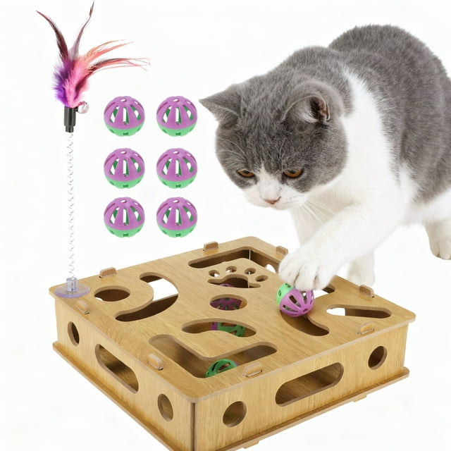 Juguetes para gatos de interior Unique Bargains, caja de rompecabezas de madera interactiva que estimula los instintos de caza y reduce el aburrimiento, color madera