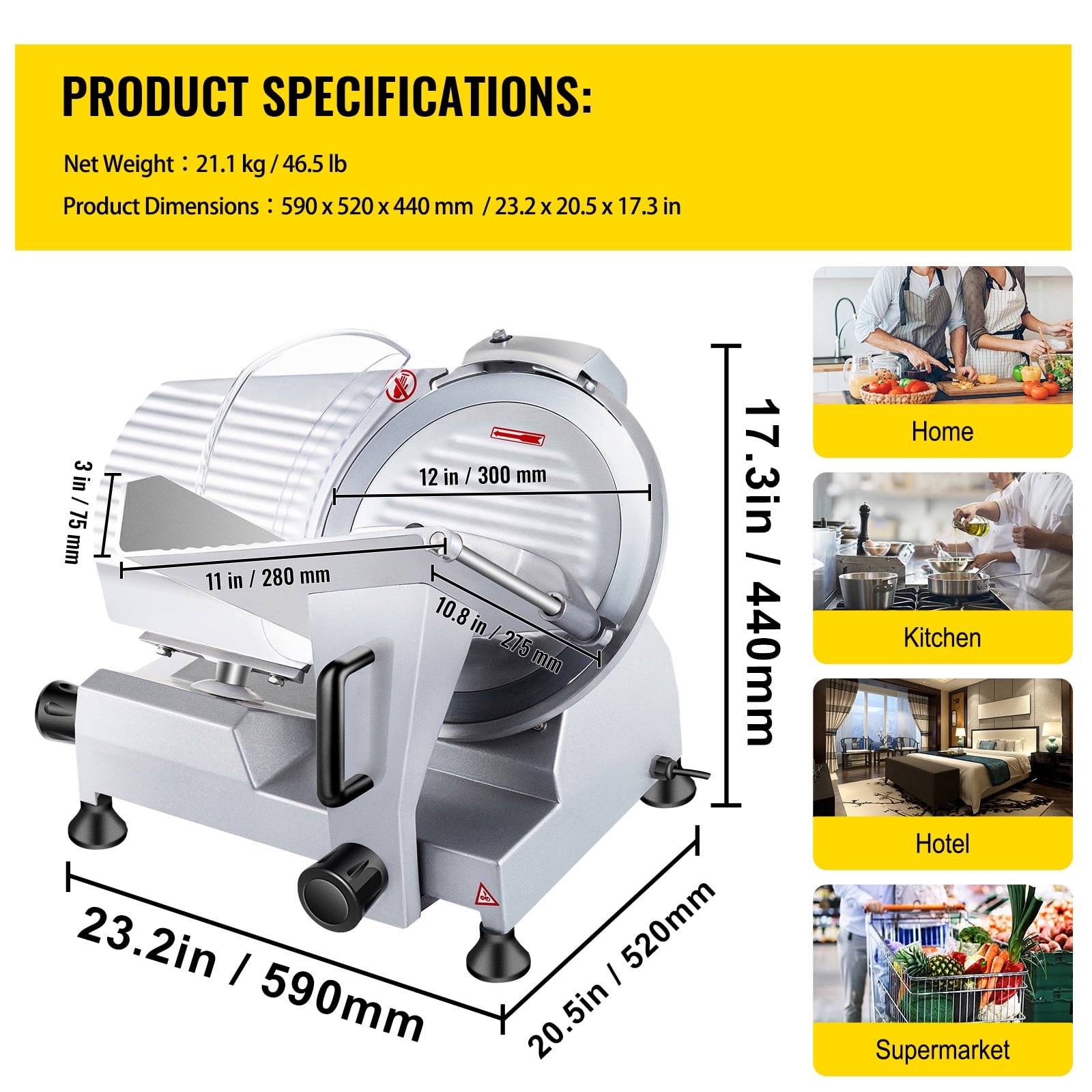 VEVOR 12" Commercial Meat Slicer 320W Electric Deli Slicer for Meat Cheese Bread