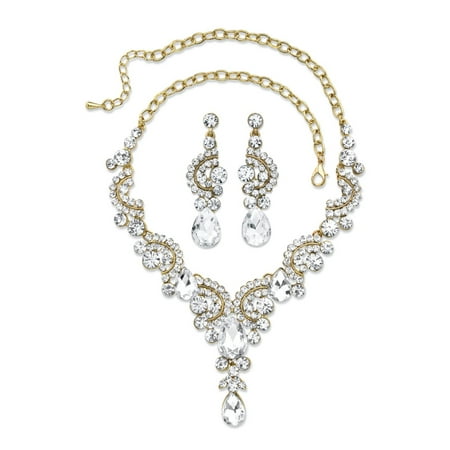 Pear Scroll - Crystal Necklace and Drop Earrings 2-Piece Pear Drop and Round Scrolled Gold Tone Set 17