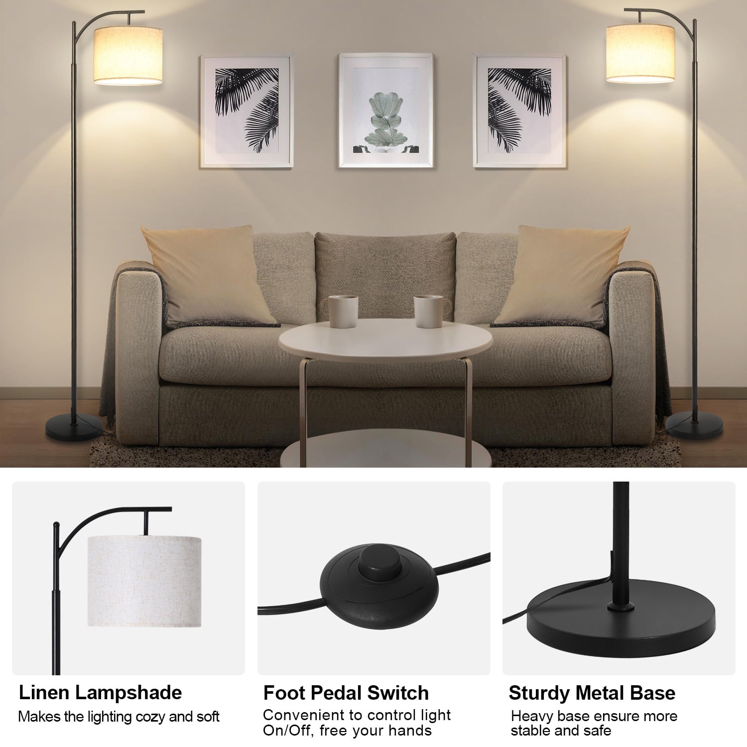 Vesteel Floor Lamp, Standing Lamp with 3 Color Temperatures LED Bulb & Lampshade, Arch Farmhouse Lamp for Living Room Bedroom Office